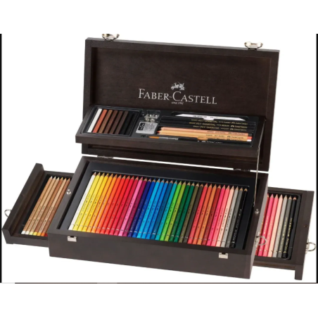 Estuche de madera, 126 pzas, Polychromos, tizas y accesorios. Faber Castell